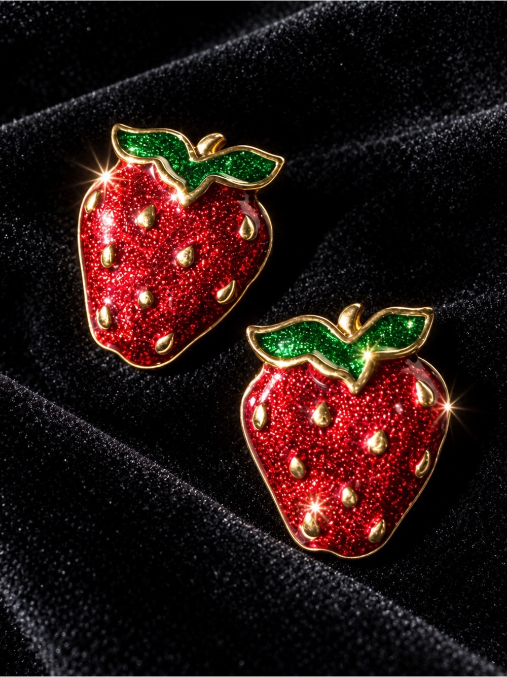 Luscious Strawberry Enamel Stud Earrings with Red and Green Sparkle